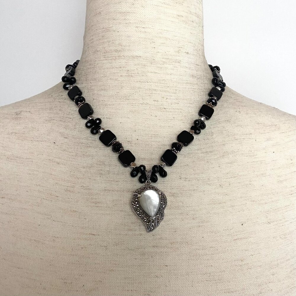 Sterling Silver 925 Beaded Black Tourmaline Mother Of Pearl Marcasite Necklace